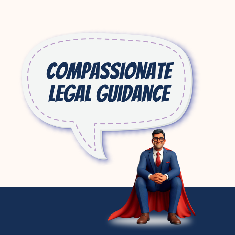 image of an attorney in blue suit with red cape of a superhero with comic bubble saying financing compassionate legal  guidance